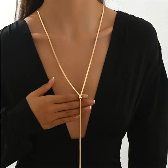 Gold Plated Lariat Necklace- Stainless Steel Adjustable Y-shaped tassel chain - Picture 2 of 10